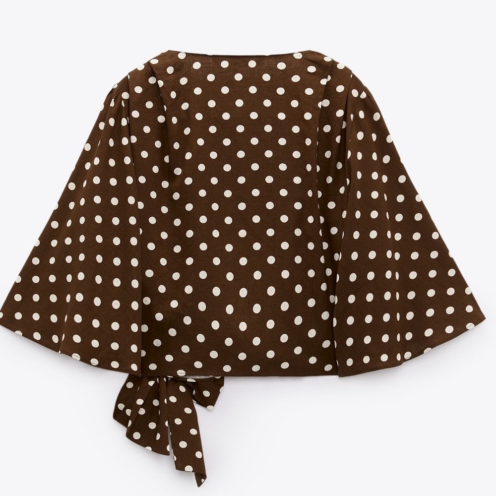 NWT. Zara Brown/Cream Polka Dots Crop Top with Bow. Size L. - Picture 2 of 12